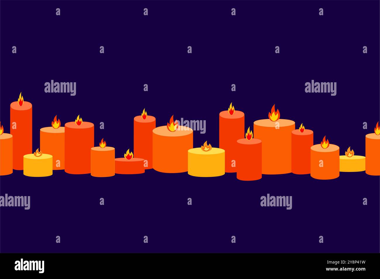 Il motivo senza cuciture con le candele arancioni rosse e gialle innamorate ha piegato le loro fiamme l'una verso l'altra Vector. concetto di halloween. sfondo viola Illustrazione Vettoriale