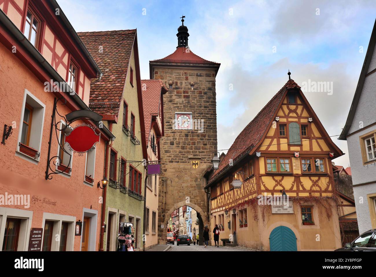 Torre Siebersturm nella città vecchia di Rothenburg ob der Tauber, Germania Foto Stock