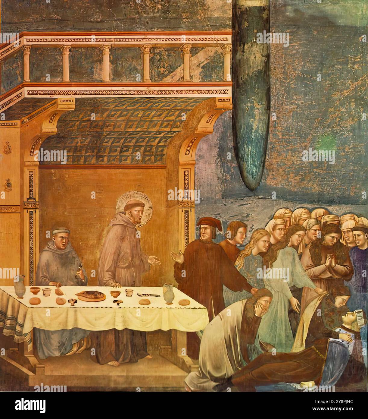 GIOTTO di Bondone (1267, Vespignano, 1337, Firenze) leggenda di San Francesco: 16. Morte del Cavaliere di Celano 1297-1300 affresco, 270 x 230 cm Chiesa superiore, San Francesco, Assisi questa è la sedicesima delle ventotto scene (venticinque delle quali dipinte da Giotto) della leggenda di San Francesco. Le quattro scene nella prima baia della parete sinistra trattano gli ultimi avvenimenti della vita del santo e sono tra le più affascinanti del ciclo. E' degno di nota la tavola nella morte del Cavaliere di Celano, che è ricoperta da una bella tovaglia ricamata, e l Foto Stock