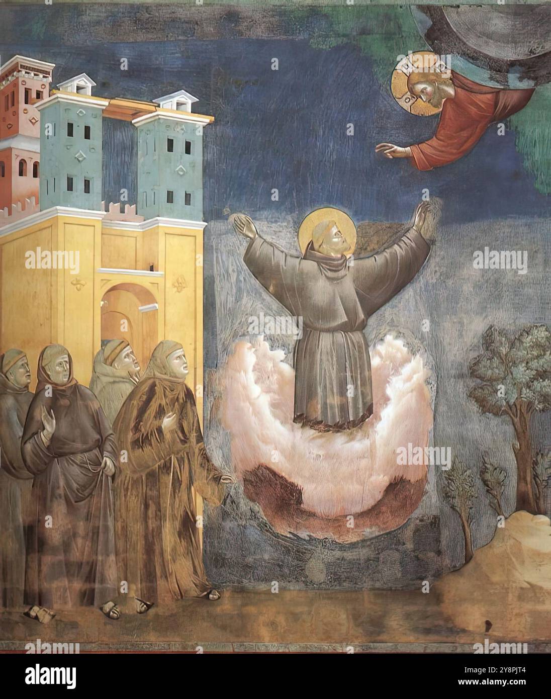 GIOTTO di Bondone (1267, Vespignano, 1337, Firenze) leggenda di San Francesco: 12. Ecstasy di San Francesco 1297-1300 affresco, 270 x 230 cm Chiesa superiore, San Francesco, Assisi questa è la dodicesima delle ventotto scene (venticinque delle quali dipinte da Giotto) della leggenda di San Francesco. Le cinque scene dalla visione del carro fiammeggiante a San Francesco in estasi (n. 8-12) sono caratterizzate da una lavorazione inferiore, soprattutto nelle figure, anche se contengono alcune invenzioni notevoli. Questa scena è stata eseguita in parte da assistenti. *** Parole chiave: ***** Foto Stock