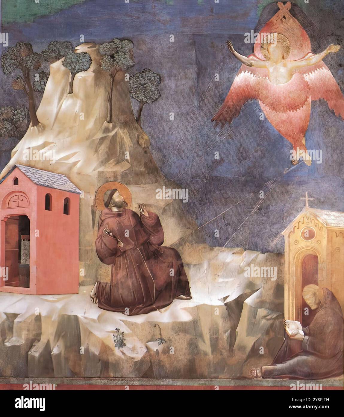 GIOTTO di Bondone (1267, Vespignano, 1337, Firenze) leggenda di San Francesco: 19. Stigmatizzazione di San Francesco 1297-1300 affresco, 270 x 230 cm Chiesa superiore, San Francesco, Assisi questa è la diciannovesima delle ventotto scene (venticinque delle quali dipinte da Giotto) della leggenda di San Francesco. Le quattro scene nella prima baia della parete sinistra trattano gli ultimi avvenimenti della vita del santo e sono tra le più affascinanti del ciclo. Nella stigmatizzazione di San Francesco, le rocce assumono una luminosità quasi fosforescente su quella che è la parete più buia della chiesa. Foto Stock