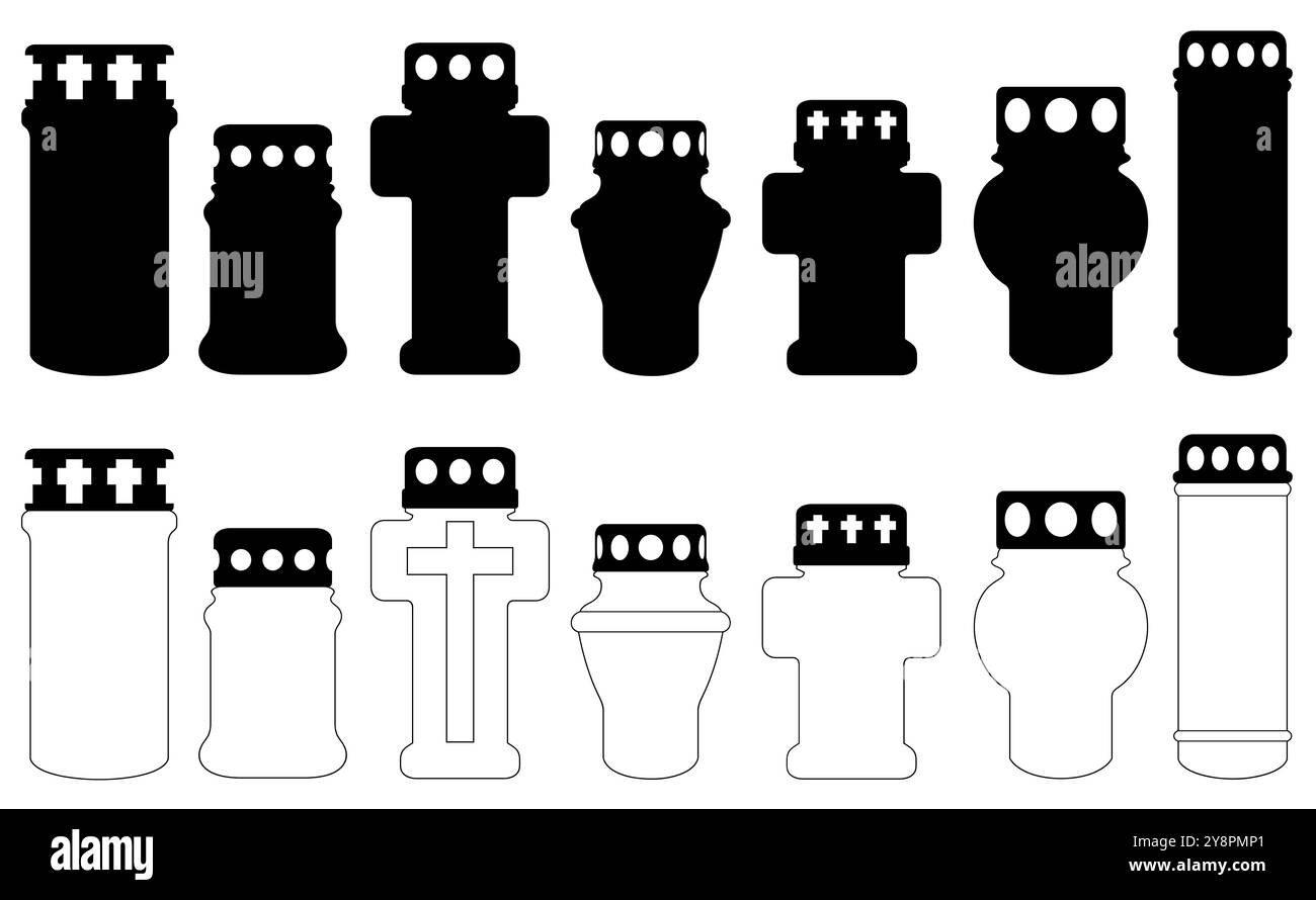 Set di diverse candele funerarie isolate su bianco Foto Stock