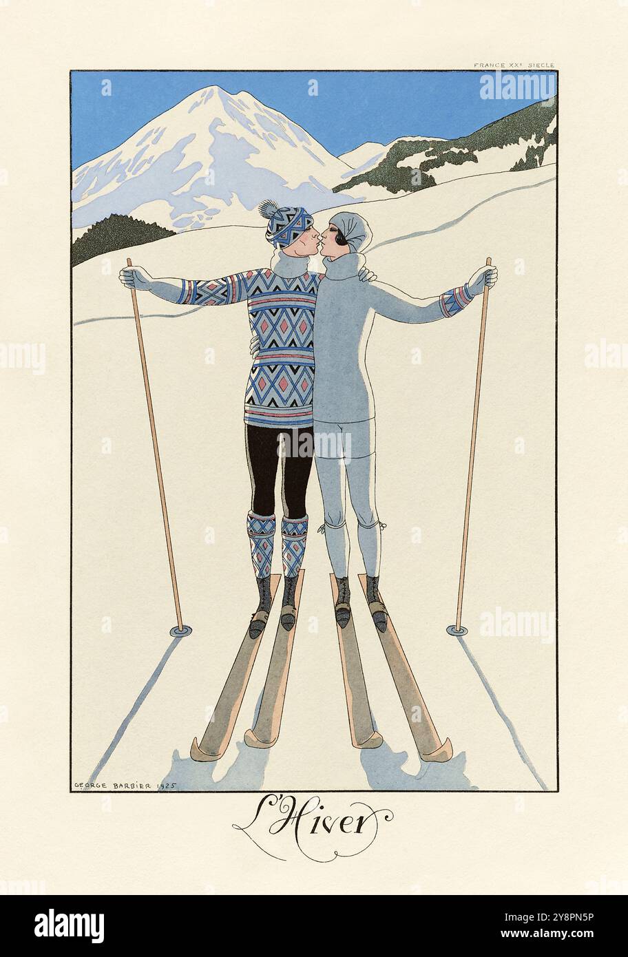 Illustrazione 'l'Hiver' [Winter] di George Barbier (1882-1932) che mostra una coppia elegante che si abbraccia mentre sciate in stile Art Deco. Fotografia da un portafoglio originale in edizione limitata degli anni '1920 con stampe a pocoro. Crediti: Collezione privata / AF fotografie Foto Stock