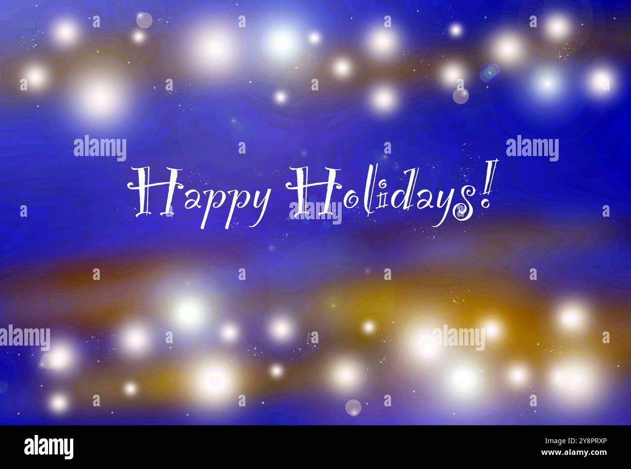 Un vivace biglietto d'auguri natalizio con testo di Happy Holidays in un allegro font, circondato da luci accese e da uno sfondo blu intenso. Perfetto per se stesso Foto Stock