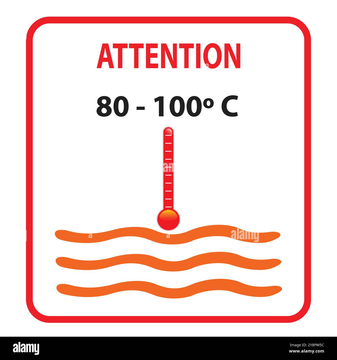 Termometro che misura la temperatura dell'acqua calda in un rettangolo rosso con la parola attenzione Illustrazione Vettoriale
