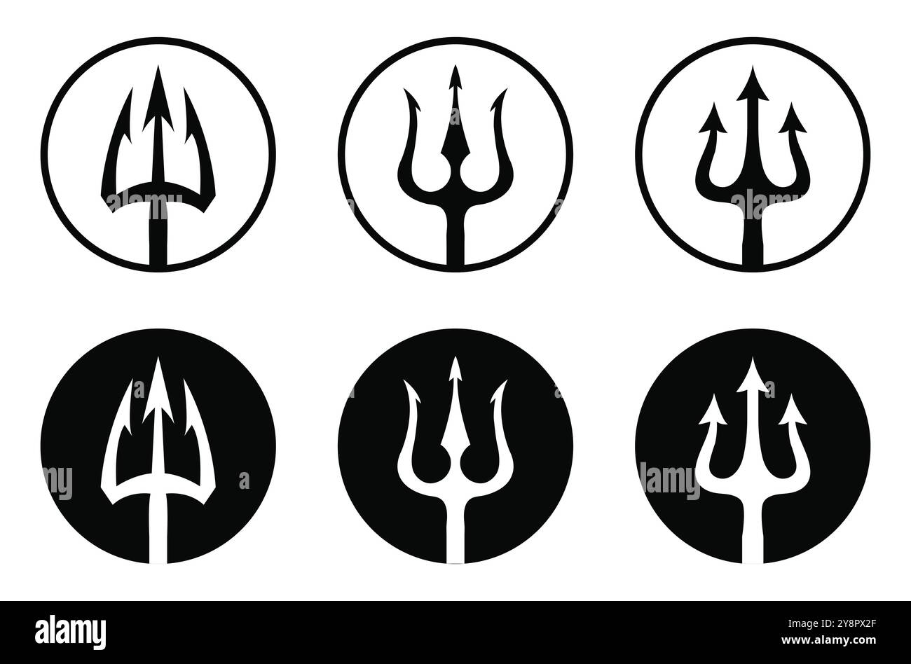 Icona vettoriale Trident impostata in un cerchio nero isolato su sfondo bianco. Logo Vector Black con tridenti in cerchio Tritone, Nettuno, Poseidone. Illustrazione Vettoriale