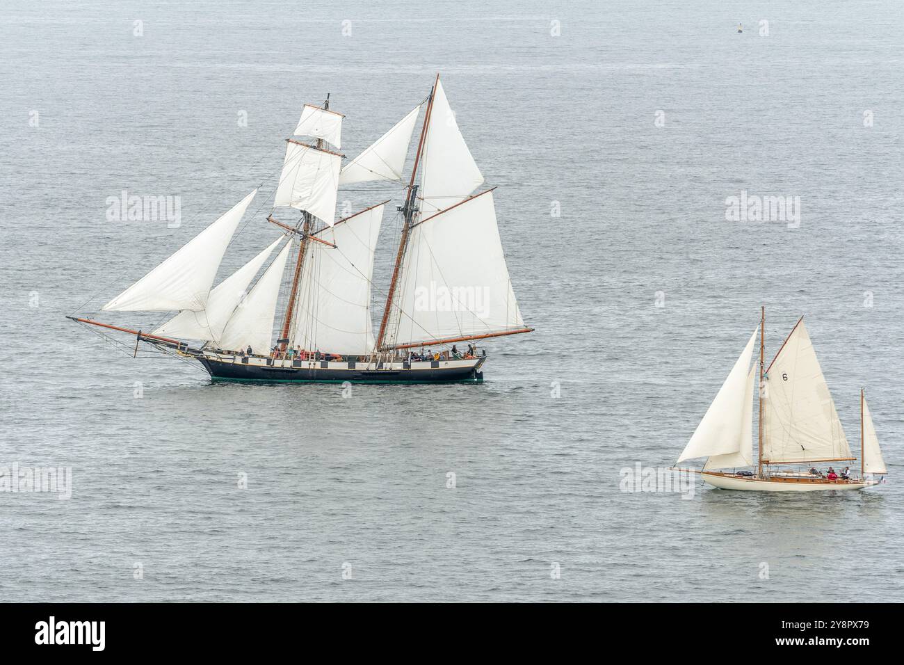 Grande barca a vela tradizionale in una baia sull'Oceano Atlantico. Camaret sur mer, Crozon, Finistere, Bretagna, Francia, Europa. Foto Stock