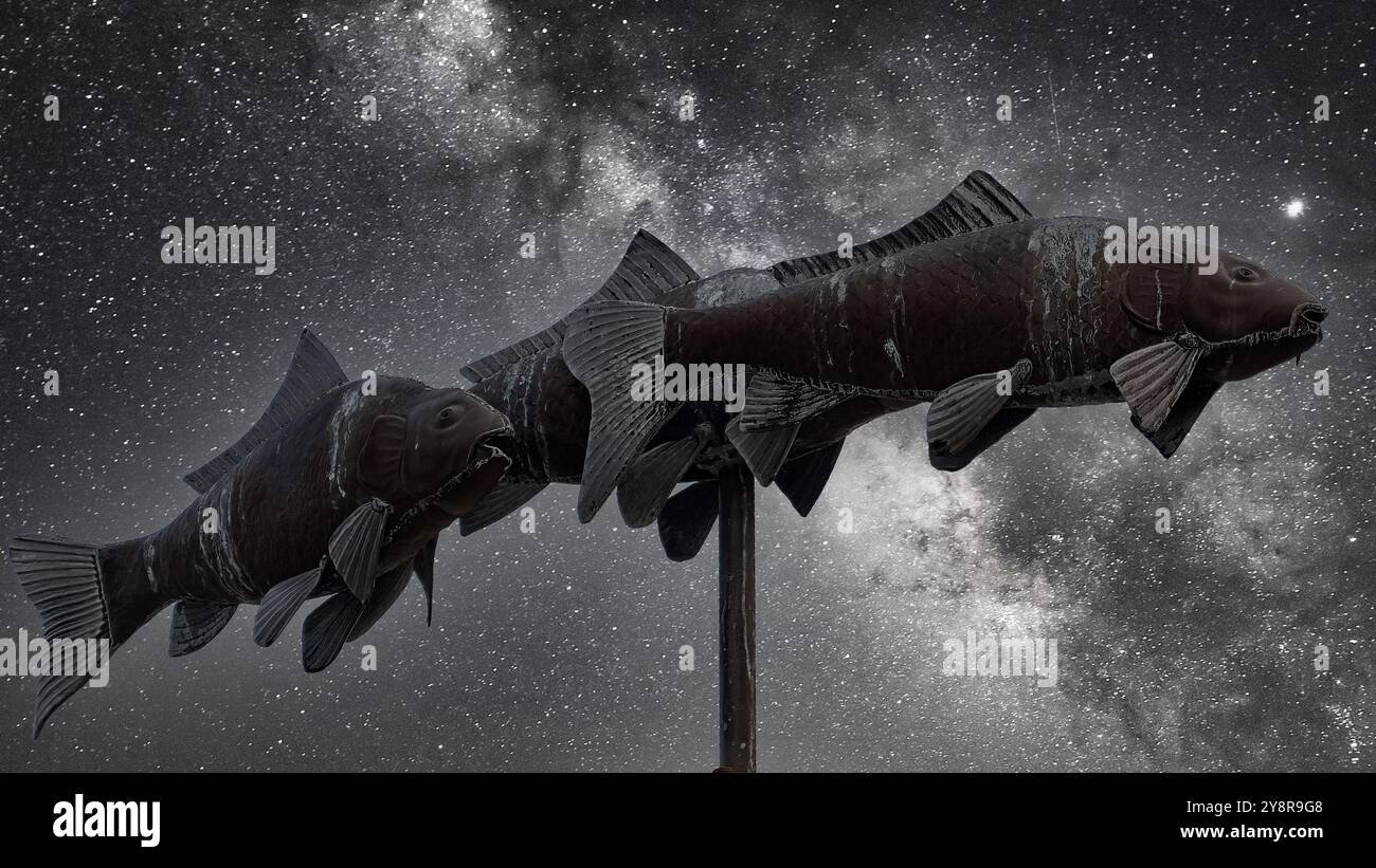Pesce nel cielo con il cielo notturno lattiginoso aggiunto in B&W Foto Stock