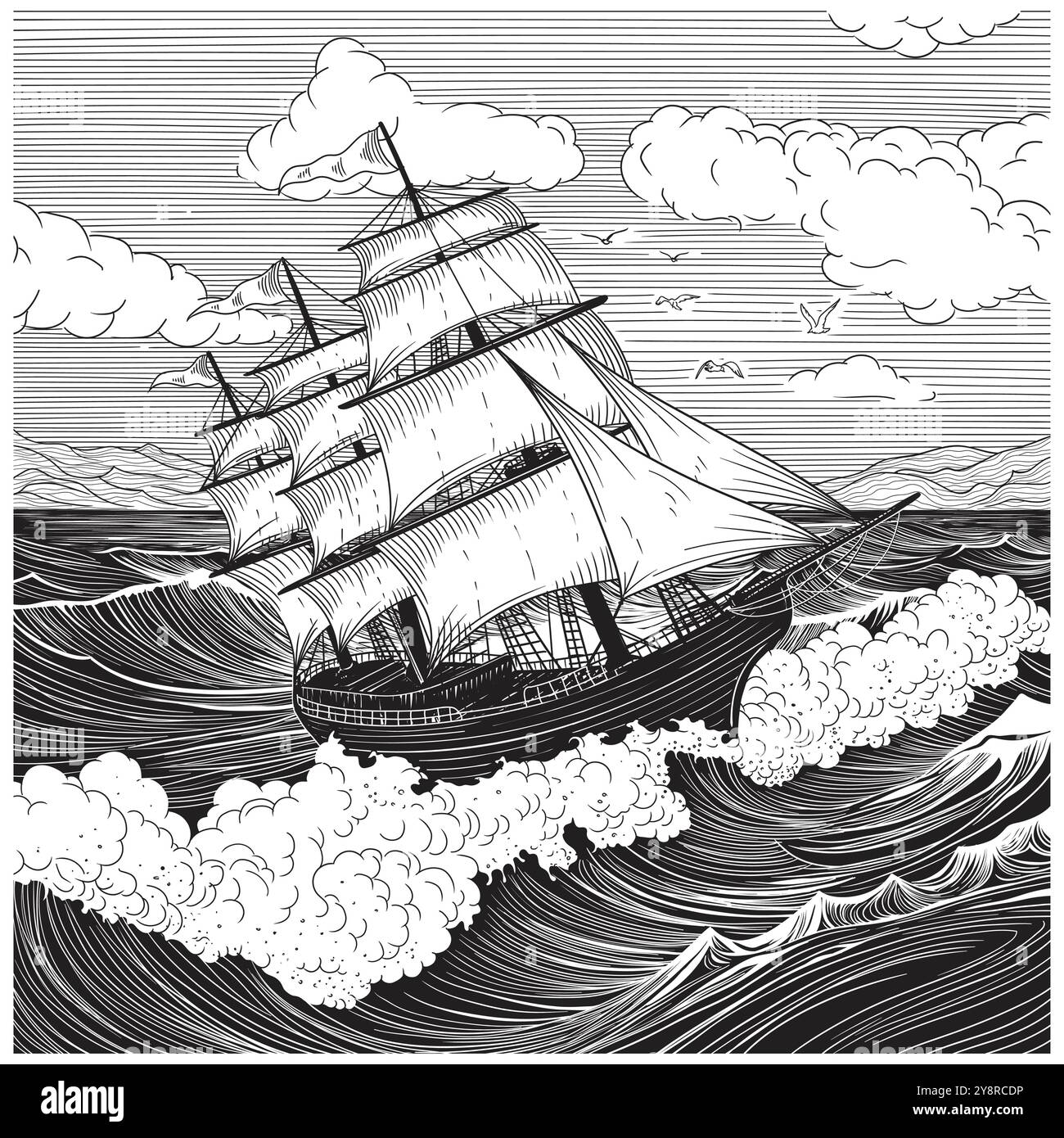 Una vecchia nave a vela sulle onde del mare. Disegno vettoriale su sfondo bianco. Illustrazione Vettoriale