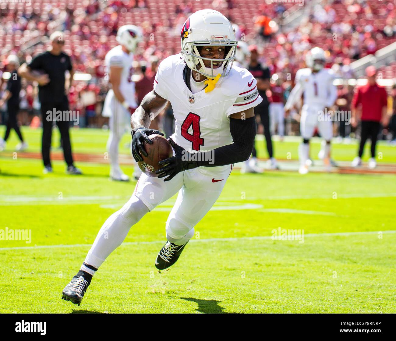 Santa Clara, California, Stati Uniti. 6 ottobre 2024 Santa Clara CA USA CORREZIONE DIDASCALIA: Il wide receiver dell'Arizona Greg Dortch (4) sul campo durante i warm up della partita di football NFL tra gli Arizona Cardinals e i San Francisco 49ers allo stadio Levi Santa Clara CA Thurman James/CSM (Credit Image: © Thurman James/Cal Sport Media) credito: Cal Sport Media/Alamy Live News Foto Stock