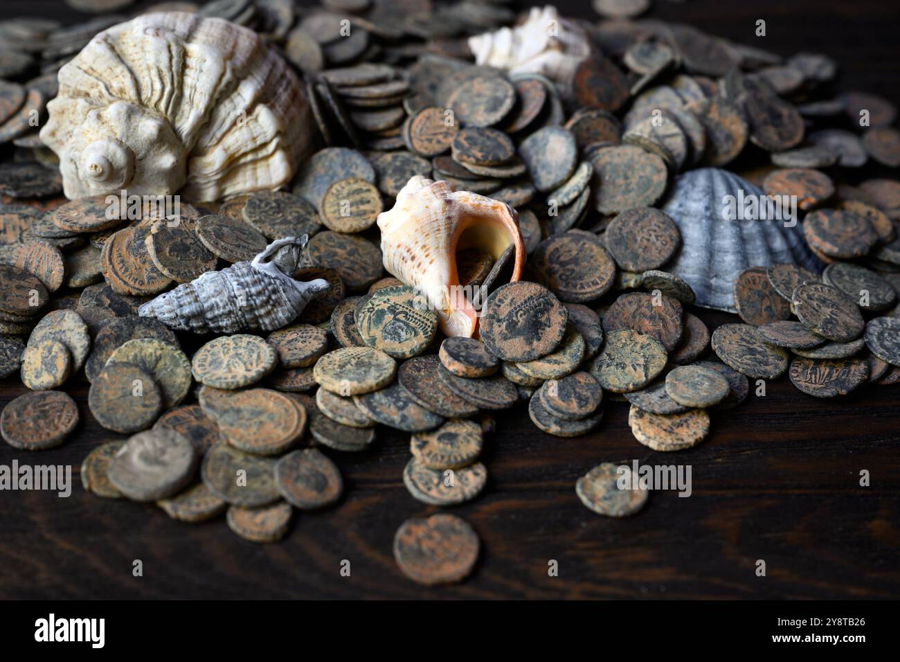 Pile di monete e conchiglie romane su un vecchio tavolo di legno scuro, antico tesoro di denaro dal mare, sfondo vintage. Concetto di antico, Impero, texture, civile Foto Stock