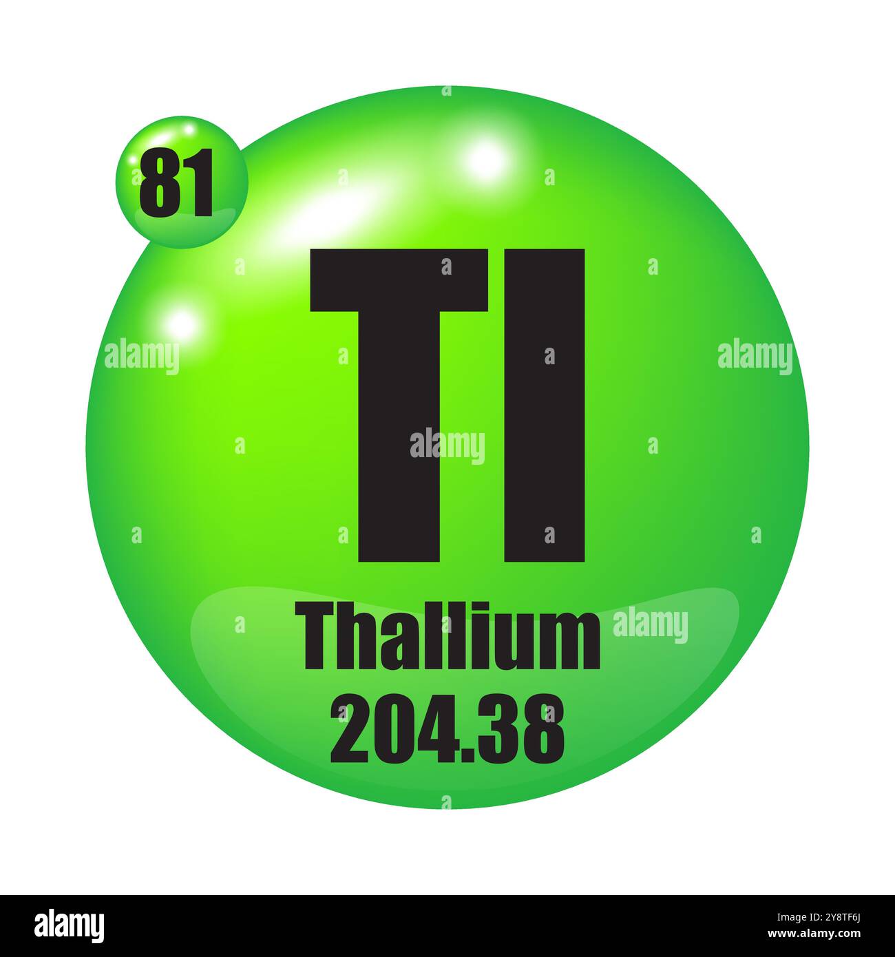 Icona del tallio. Elemento chimico TL. Numero atomico 81. Massa 204.38. Sfera verde. Illustrazione Vettoriale