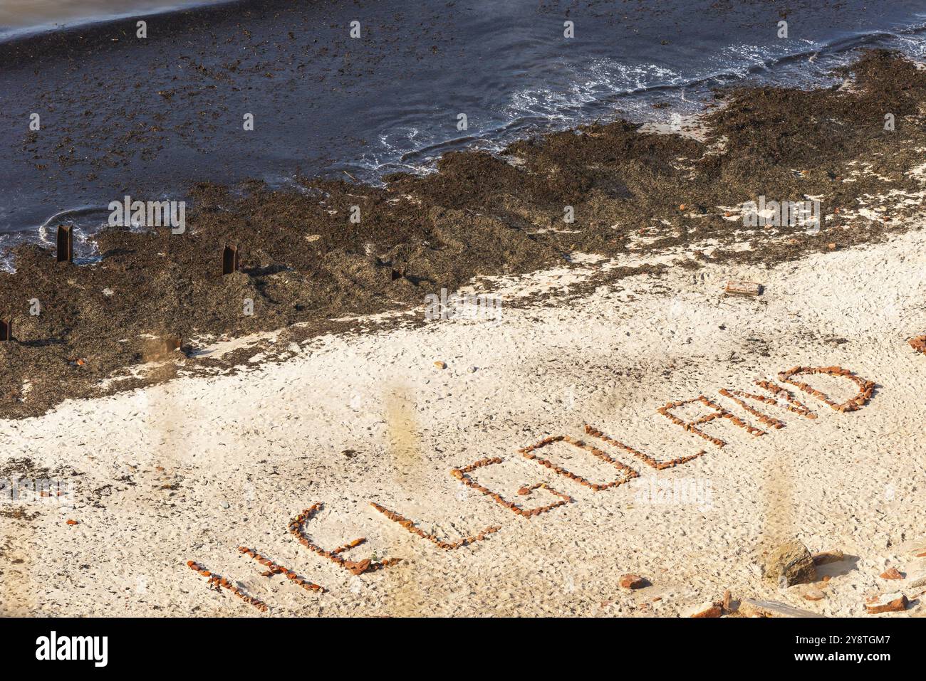 Lettere Helgoland adagiate con pietre sulla spiaggia settentrionale, alghe, frangia costiera, isola al largo di Helgoland, Mare del Nord, distretto di Pinneberg, Schl Foto Stock