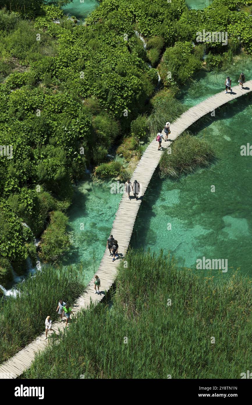 Passerella sui laghi del Parco nazionale dei laghi di Plitvice, Plitvicka Jezera, Lika-Senj, Croazia, Europa Foto Stock