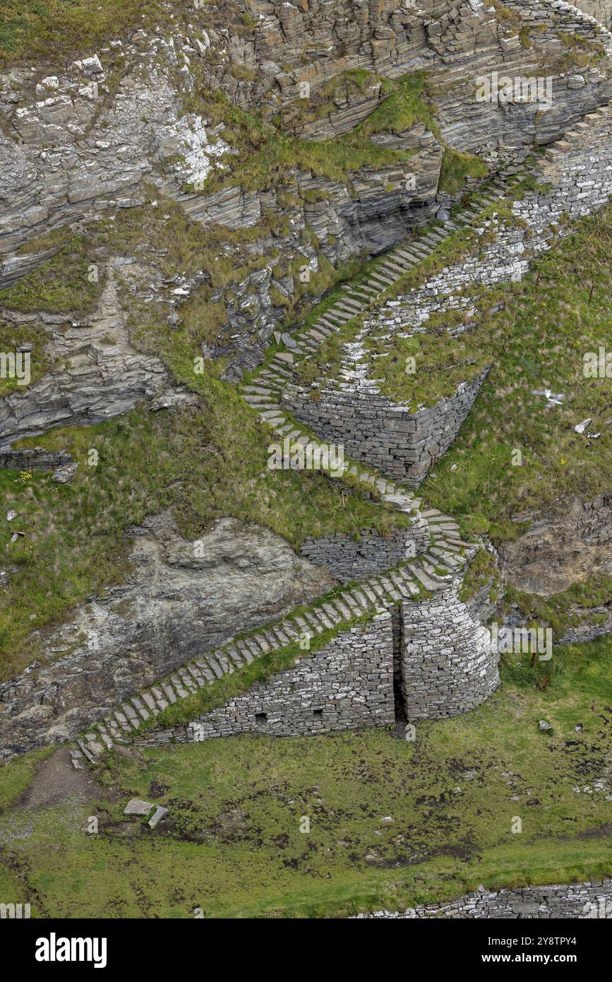 Gradini di balenottere, scalini ripidi nella roccia, conducono a un porto storico sulle scogliere, Lybster, North Coast 500, Scozia, Regno Unito, Europa Foto Stock