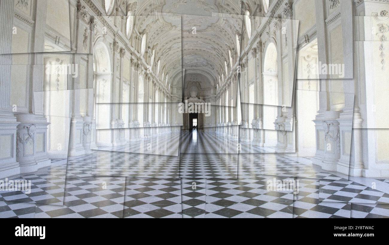 Foto creativa della galleria Reggia di Venaria reale, Italia. Marmo di lusso nel Palazzo reale barocco Foto Stock