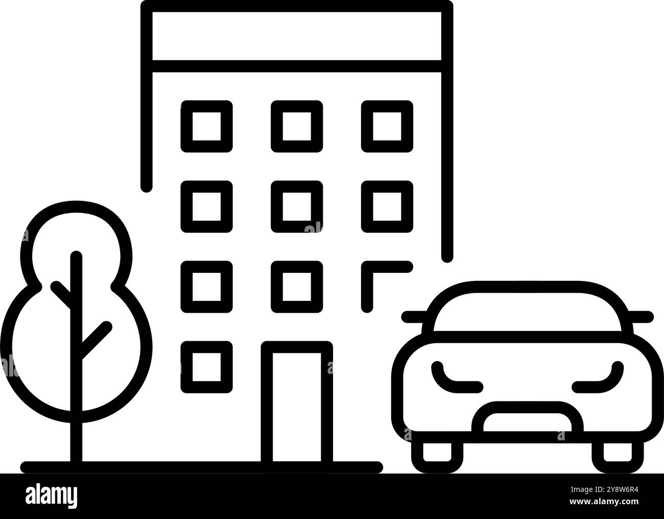 Edificio di appartamenti, albero e auto. Residenza urbana accessibile con sedia a rotelle con parcheggio. Pixel Perfect, icona del vettore di traccia modificabile. Illustrazione Vettoriale