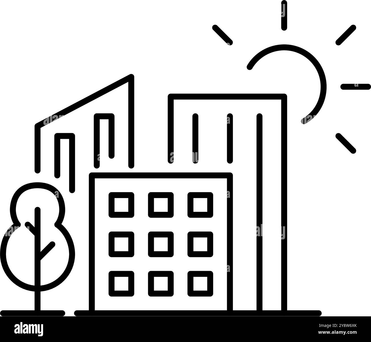 Edifici residenziali, sole e alberi. Città elegante, residenza confortevole con vita sostenibile. Pixel Perfect, icona del vettore di traccia modificabile Illustrazione Vettoriale