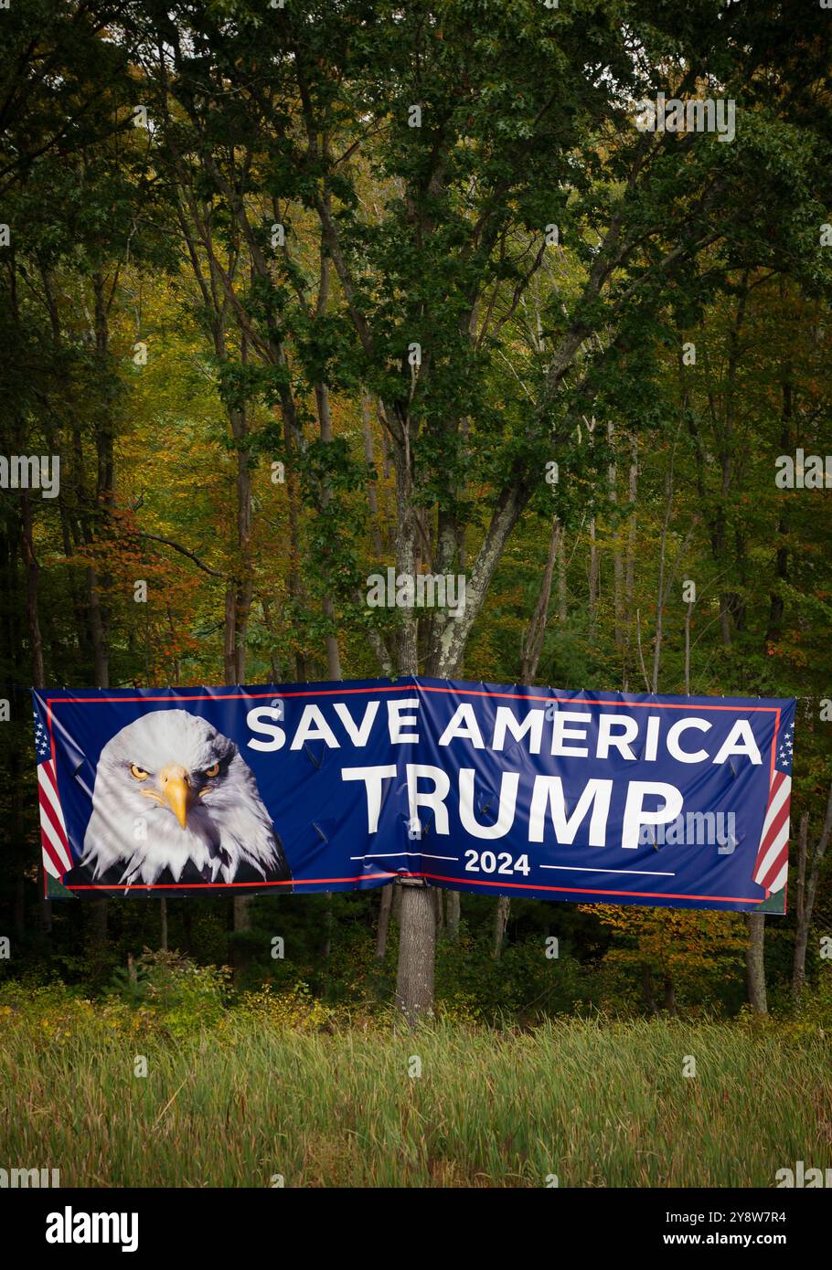 Tyngsborough (scritto anche Tyngsboro), ma, USA. Un grande cartello Pro-Trump 2024 è appeso sul lato destro delle corsie nord della Interstate 95 (i-95), prima delle elezioni presidenziali degli Stati Uniti del 5 novembre 2024. Il cartello sulla terra boschiva vuota si trova lungo la i-95 vicino al confine del Massachusetts nel New Hampshire vicino a Tyngsborough. Il grande cartello, delle dimensioni di un container da spedizione, 40 piedi (12,2 metri) per 8,5 piedi (2,60 metri), è sospeso da un cavo su alberi a circa 200 piedi (60 metri) dall'Interstate. Foto Stock