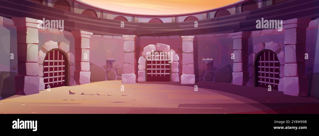 Vuota l'antica arena rotonda romana dei gladiatori con porte a reticolo, pareti di pietra e pavimento in sabbia. Sfondo del design dell'interfaccia utente del gioco vettoriale cartoni animati per il combattimento in battaglia. Guerriero spartano combattono il posto della competizione. Illustrazione Vettoriale