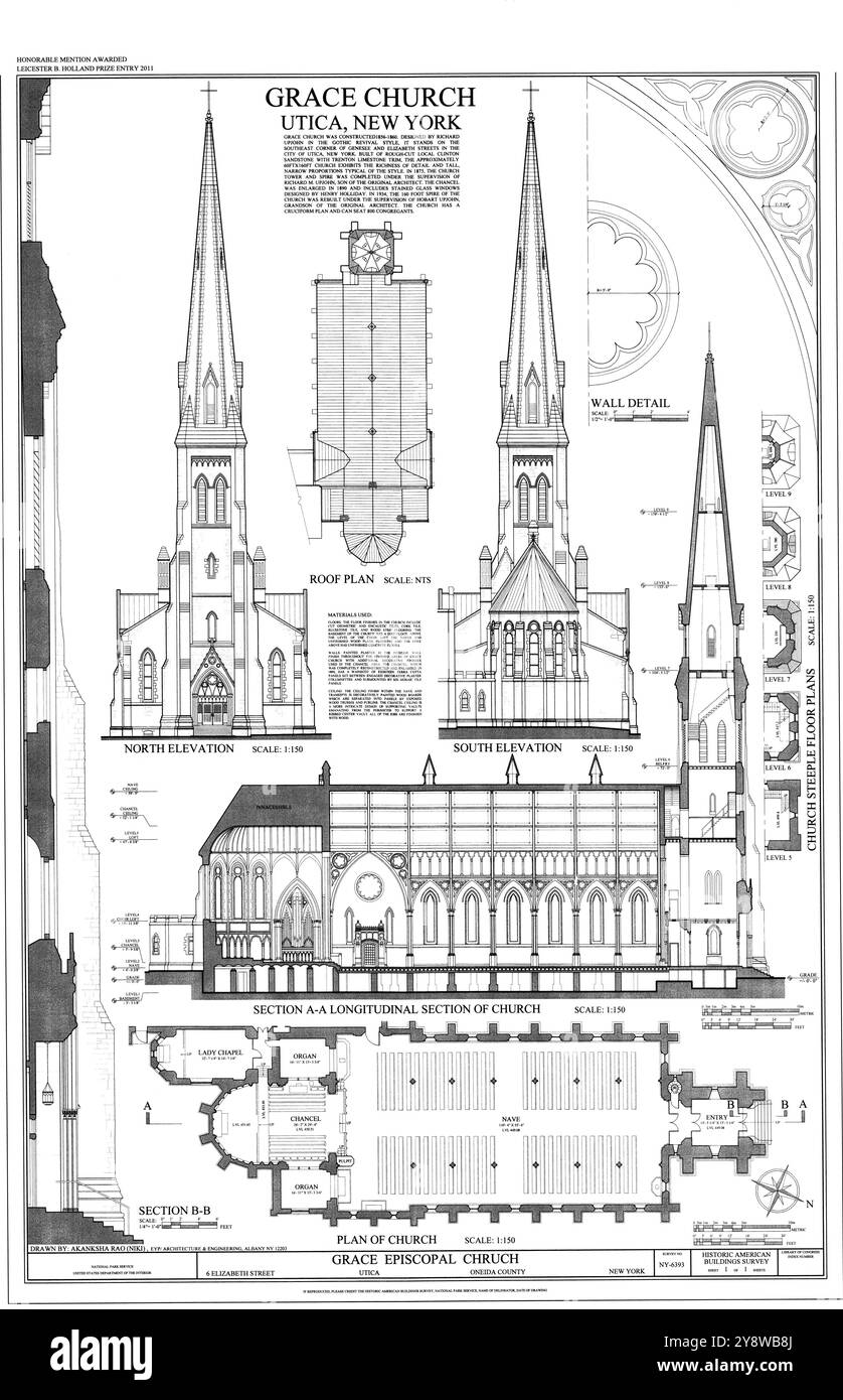 Grace Episcopal Church, 6 Elizabeth Street, Utica, Oneida County, NY Drawings from Survey HABS NY-6393 Illustrazione Vettoriale