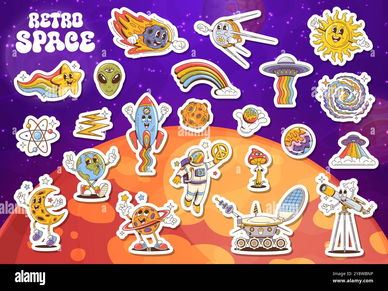 Confezione di adesivi per personaggi spaziali retrò cartoni animati. Sole vettoriale, stella con testa arcobaleno o aliena. Razzo, meteore, satellite e ufo, atomo o fulmine. Terra, luna, pianeta con anelli o astronauta Illustrazione Vettoriale