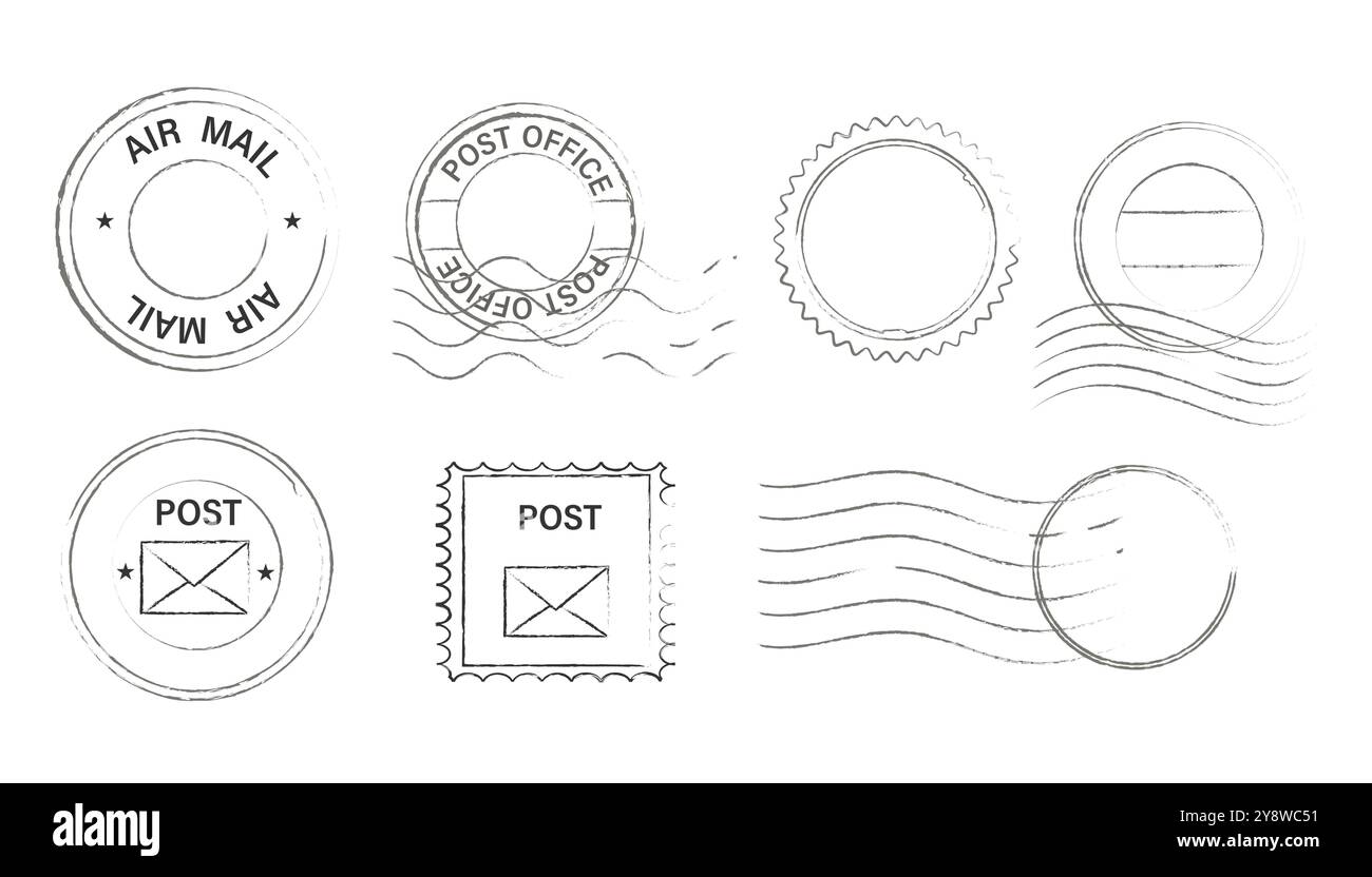 Set di francobolli postali, sigilli e marchi postali. Modello di consegna posta vuoto. Marchio cartaceo simbolo della corrispondenza, posta, posta aerea. Linee ondulate. Illustrazione vettoriale Illustrazione Vettoriale