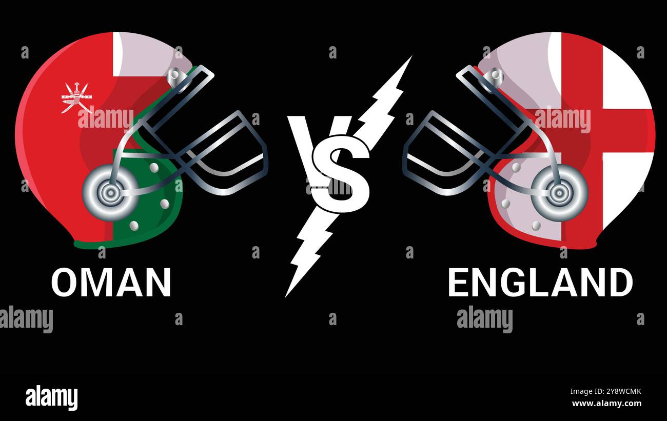 Oman vs England 3D Illustration Vector Flags over cricket Helmet for Versus Match with Black background Illustrazione Vettoriale