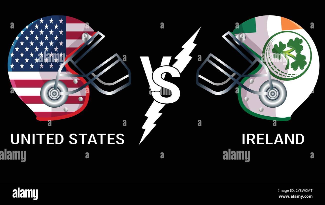 Bandiere vettoriali illustrazione 3D Stati Uniti contro Irlanda sopra il casco da cricket per la partita contro sfondo nero Illustrazione Vettoriale