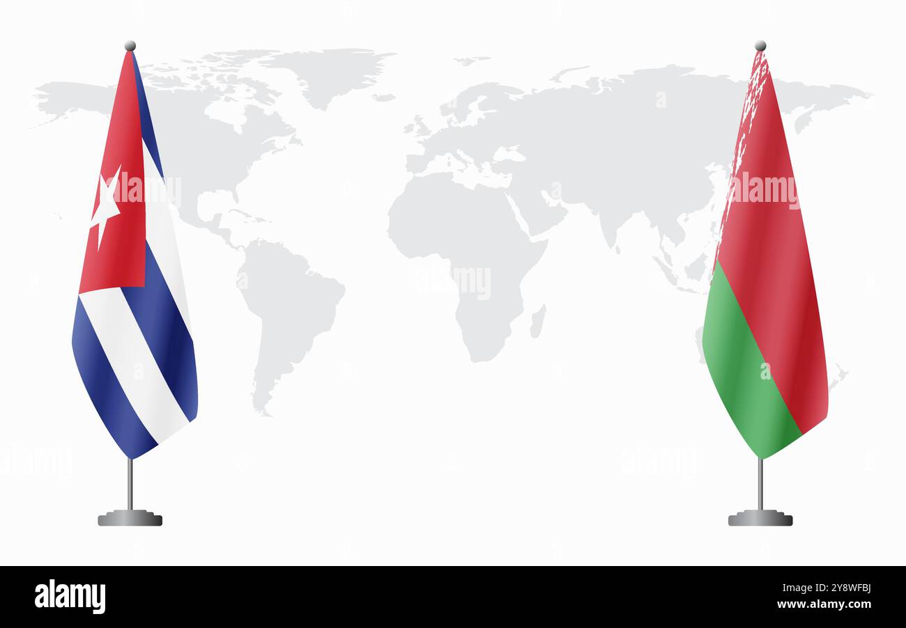 Cuba e le bandiere bielorusse per l'incontro ufficiale sullo sfondo della mappa mondiale. Illustrazione Vettoriale