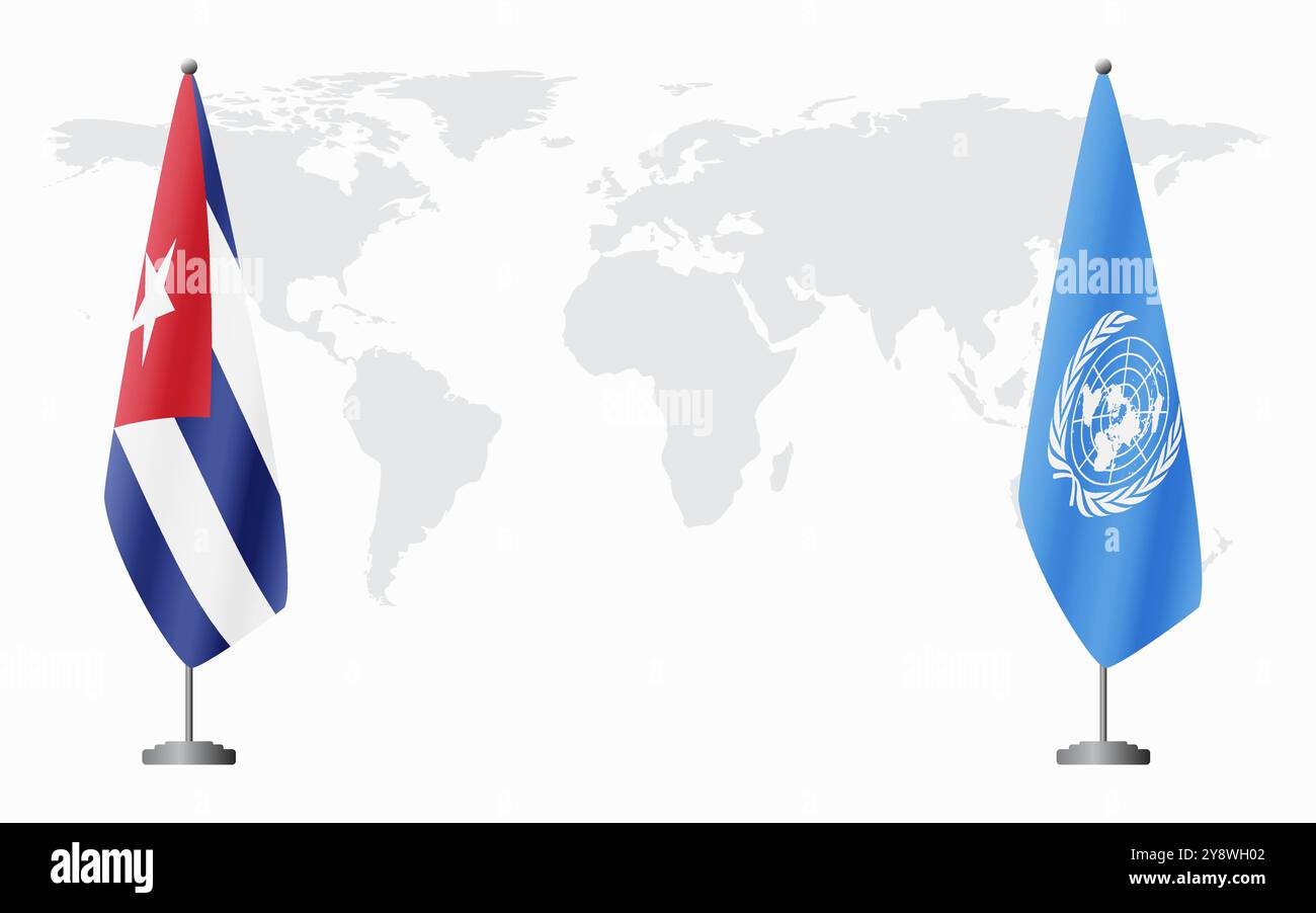Cuba e le Nazioni Unite bandiere per l'incontro ufficiale sullo sfondo della mappa mondiale. Illustrazione Vettoriale
