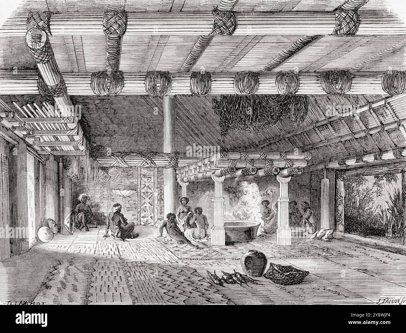 Interno di una Mbure-ni-sa (casa di stranieri), isole Figi, Melanesia, XIX secolo. Viaggio verso Great viti, grande oceano equinocziale di John Denis Macdonald 1855. Da le Tour du Monde, pubblicato Parigi, 1860. Foto Stock