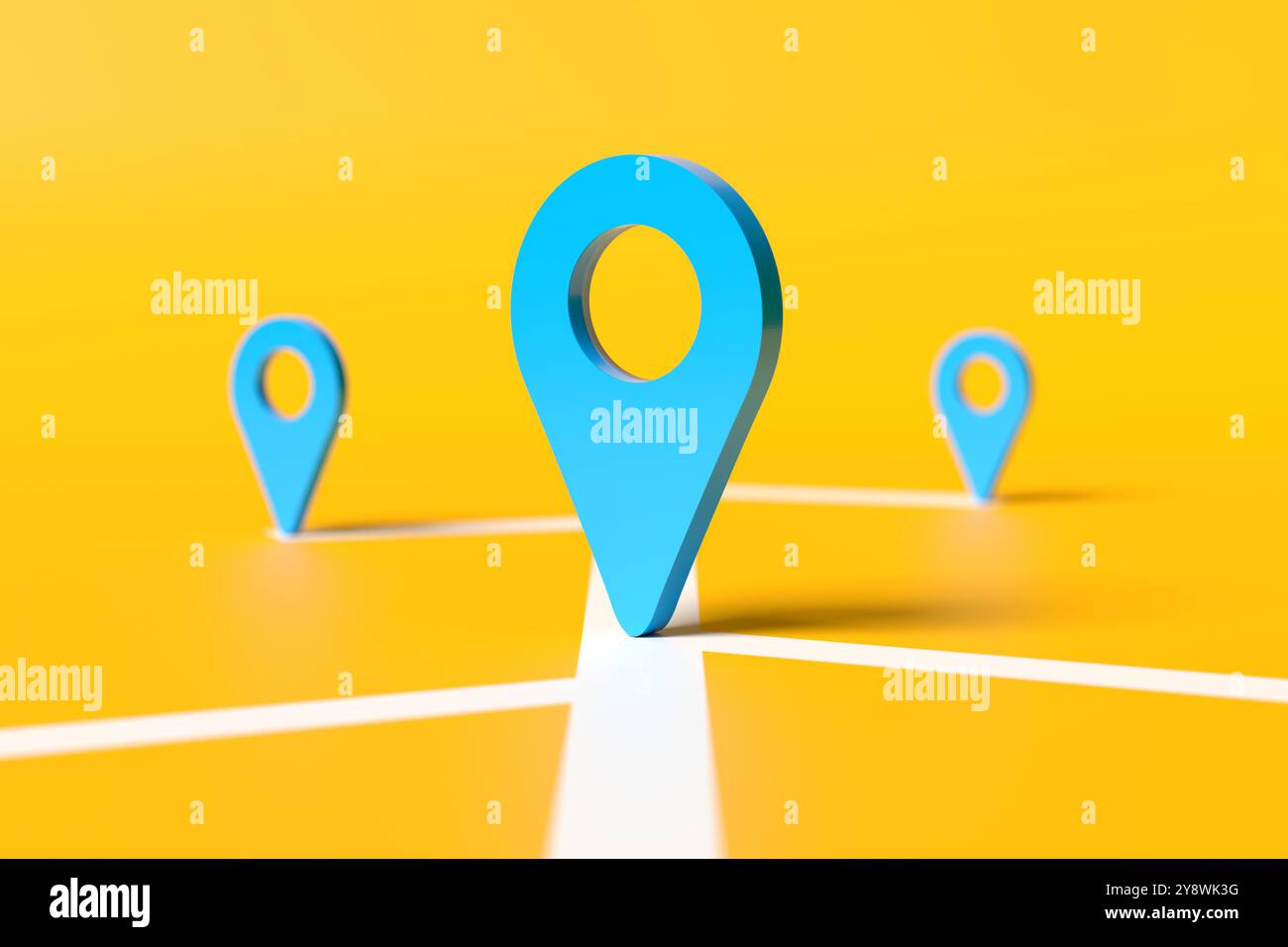 Icone dei pin della mappa delle posizioni su sfondo giallo. Informazioni su itinerario di viaggio, navigazione, ricerca di località o destinazione. Rendering 3D. Foto Stock