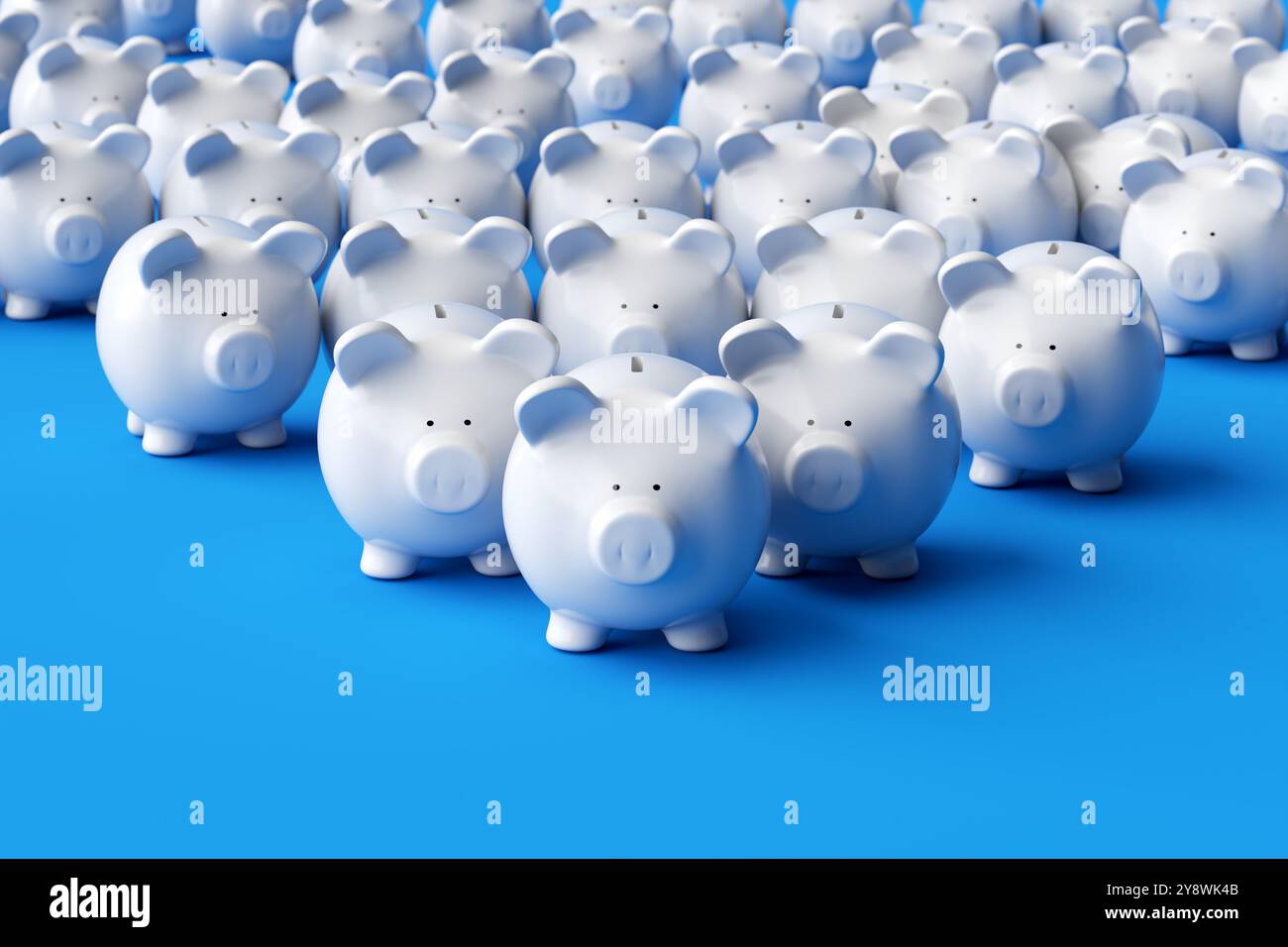 Grande gruppo di banchi di maialini bianchi su sfondo blu. Investimenti, risparmi, accumulo di denaro e conservazione. Rendering 3D. Foto Stock