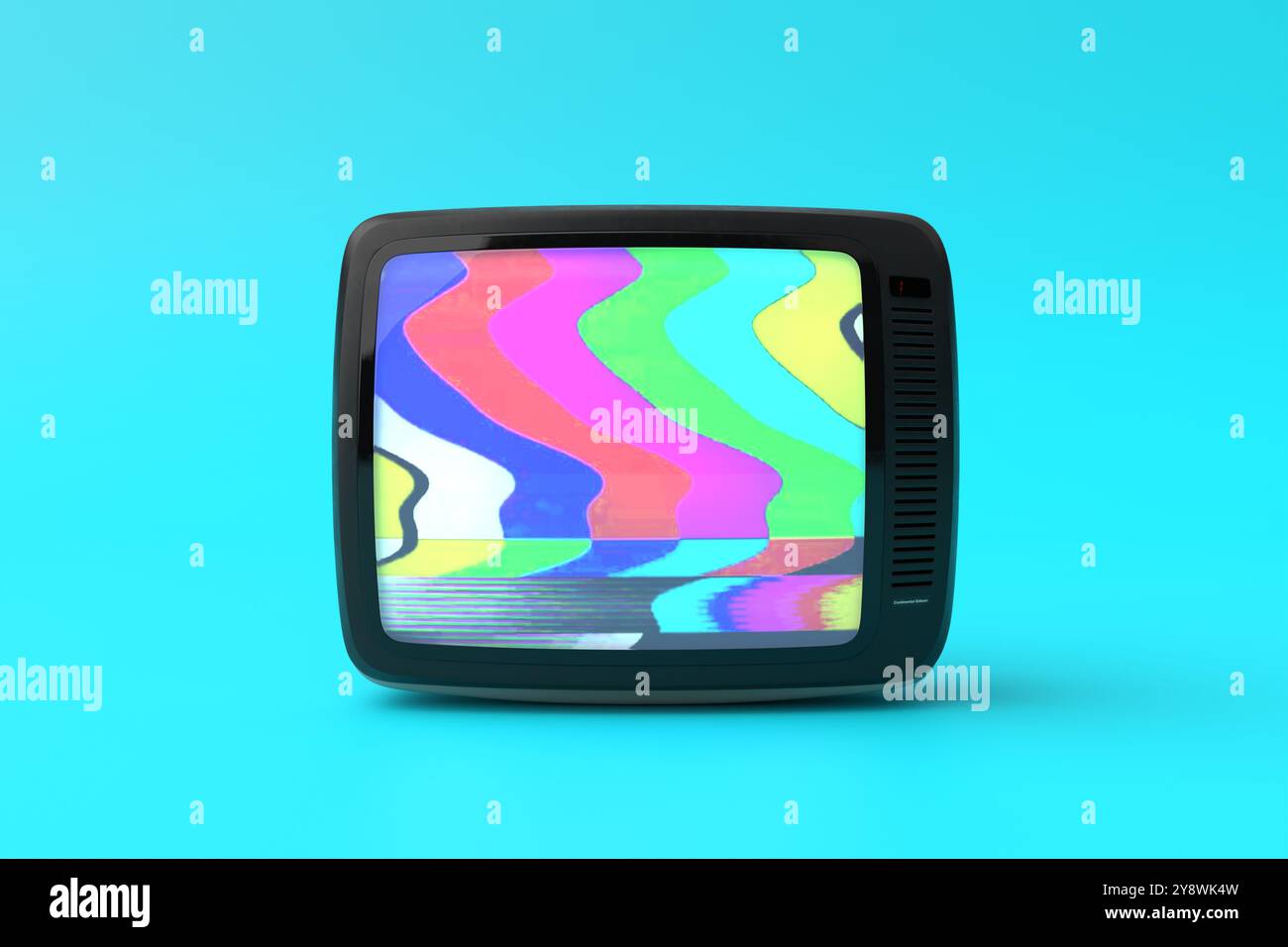 Perdita o assenza di segnale e rumore statico a colori su uno schermo TV vintage su sfondo blu. Problemi di trasmissione. Rendering 3D. Foto Stock