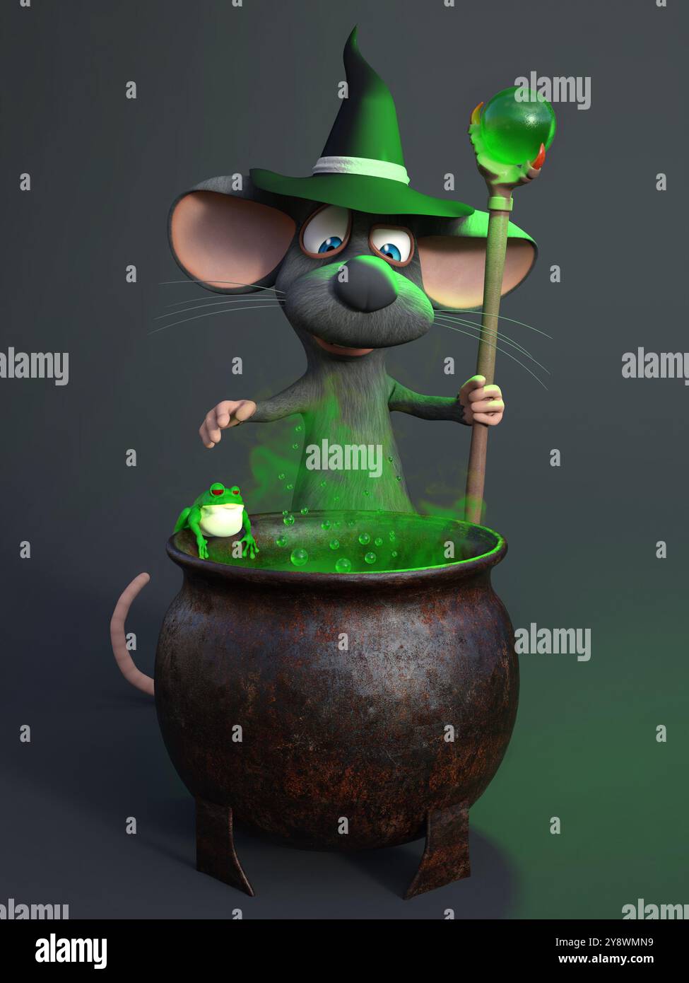 Rendering in 3D di un simpatico mago del topo dei cartoni animati che indossa un cappello da strega e che prepara un incantesimo sul suo grande calderone con fumo verde che proviene da esso. Sfondo grigio Foto Stock