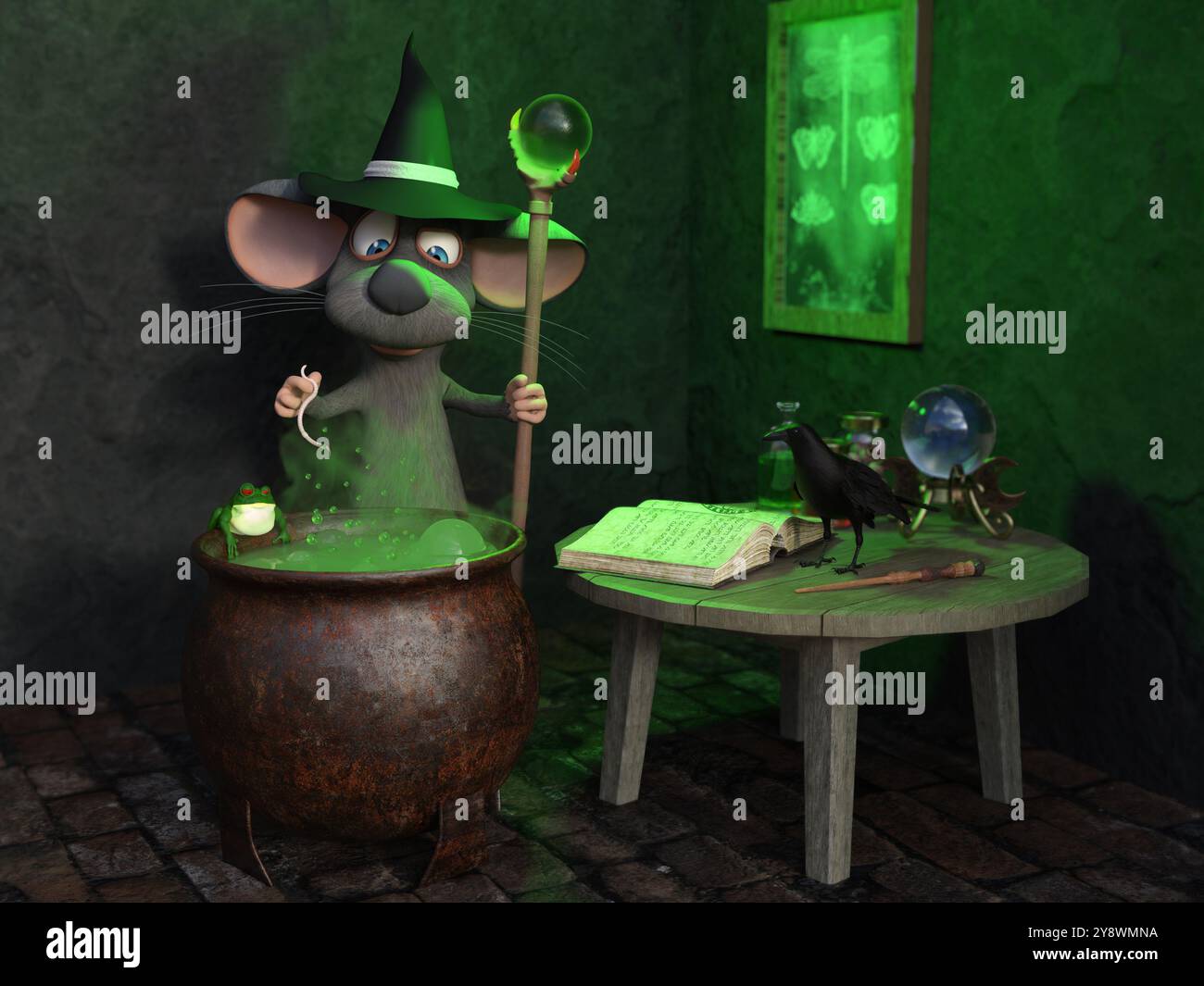 Rendering in 3D di un simpatico mago del topo dei cartoni animati che indossa un cappello da strega e che prepara un incantesimo sul suo grande calderone con fumo verde che proviene da esso. Foto Stock