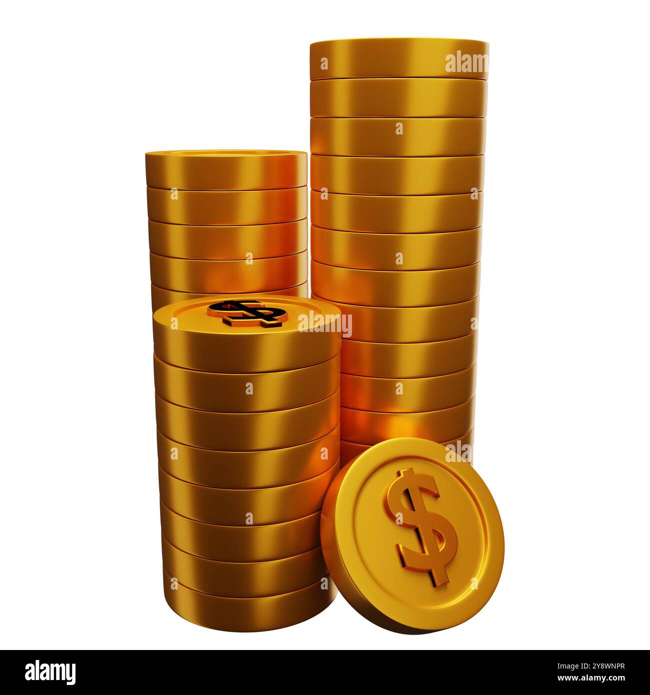 Set 3D di icone Gold Coin. Un mucchio di soldi. Concetto di finanza, investimento e risparmio. Elementi di gioco. Un penny d'oro in contanti. Un cumulo di tesori Foto Stock
