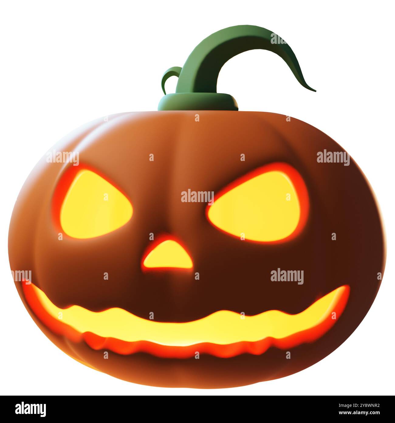 Zucca intagliata con divertente faccia sorridente. grazioso personaggio arancione spavaldo in 3d, decorazioni per feste, adesivi. Jack o lanterna di Halloween, pumpki spaventoso Foto Stock