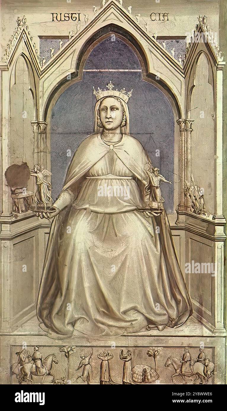 GIOTTO di Bondone (B. 1267, Vespignano, d. 1337, Firenze) No. 43 le sette virtù: Giustizia 1306 affresco, 120 x 60 cm Cappella Scrovegni (Cappella dell'Arena), Padova le figure di giustizia e ingiustizia sono più grandi di quelle delle altre virtù e vizi e occupano una posizione centrale sul dado. Entrambi sono rappresentati come governanti - la giustizia indossa una corona reale, e l'ingiustizia appare come un tiranno; il loro ruolo come simboli del buon e del cattivo governo è indicato rispettivamente nei piccoli rilievi sui loro troni. La giustizia è mostrata come la personificazione della prosperità, mentre l'ingiustizia tiranno occupa un c Foto Stock