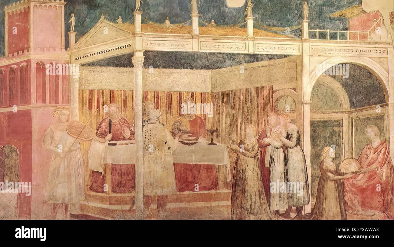 GIOTTO di Bondone (1267, Vespignano, 1337, Firenze) Scene dalla vita di San Giovanni Battista: 3. Festa di Erode 1320 affresco, 280 x 450 cm Cappella Peruzzi, Santa Croce, Firenze si tratta di una doppia scena. La parte più grande rappresenta la danza di Salomè davanti a Erode, e l'accompagnatore che suona su uno strumento musicale, mentre a destra le viene consegnata la testa di San Giovanni. L'affresco è fortemente sbiadito, tuttavia è possibile vedere l'intera composizione. *** Parole chiave: ************* Autore: GIOTTO di Bondone titolo: Scene della vita di San Giovanni Battista: 3. Festa di Erode T. Foto Stock