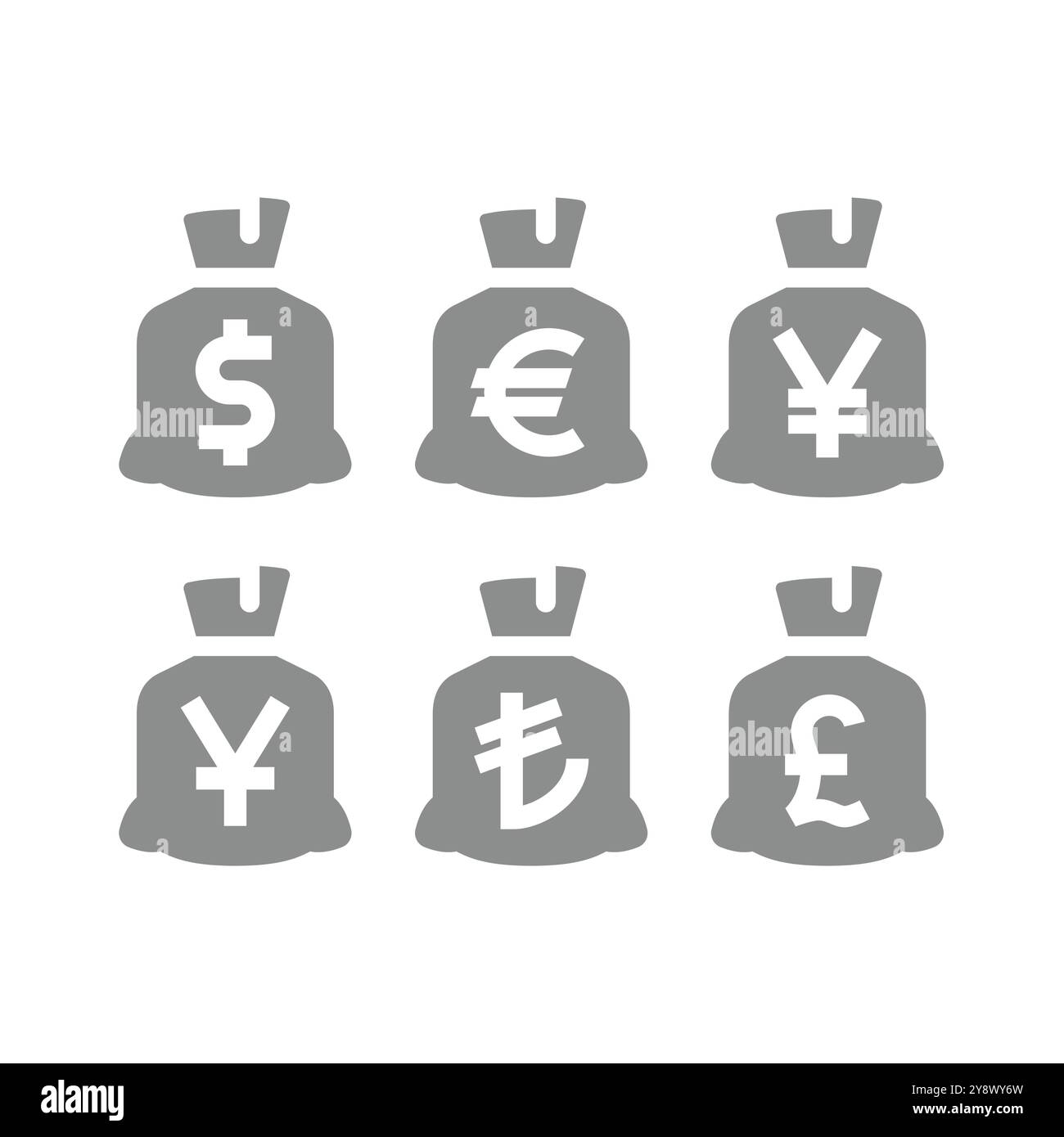 Borsa o sacco con il simbolo del dollaro, dell'euro e della sterlina. Set icone vettore yen, yuan e lira moneybag. Illustrazione Vettoriale