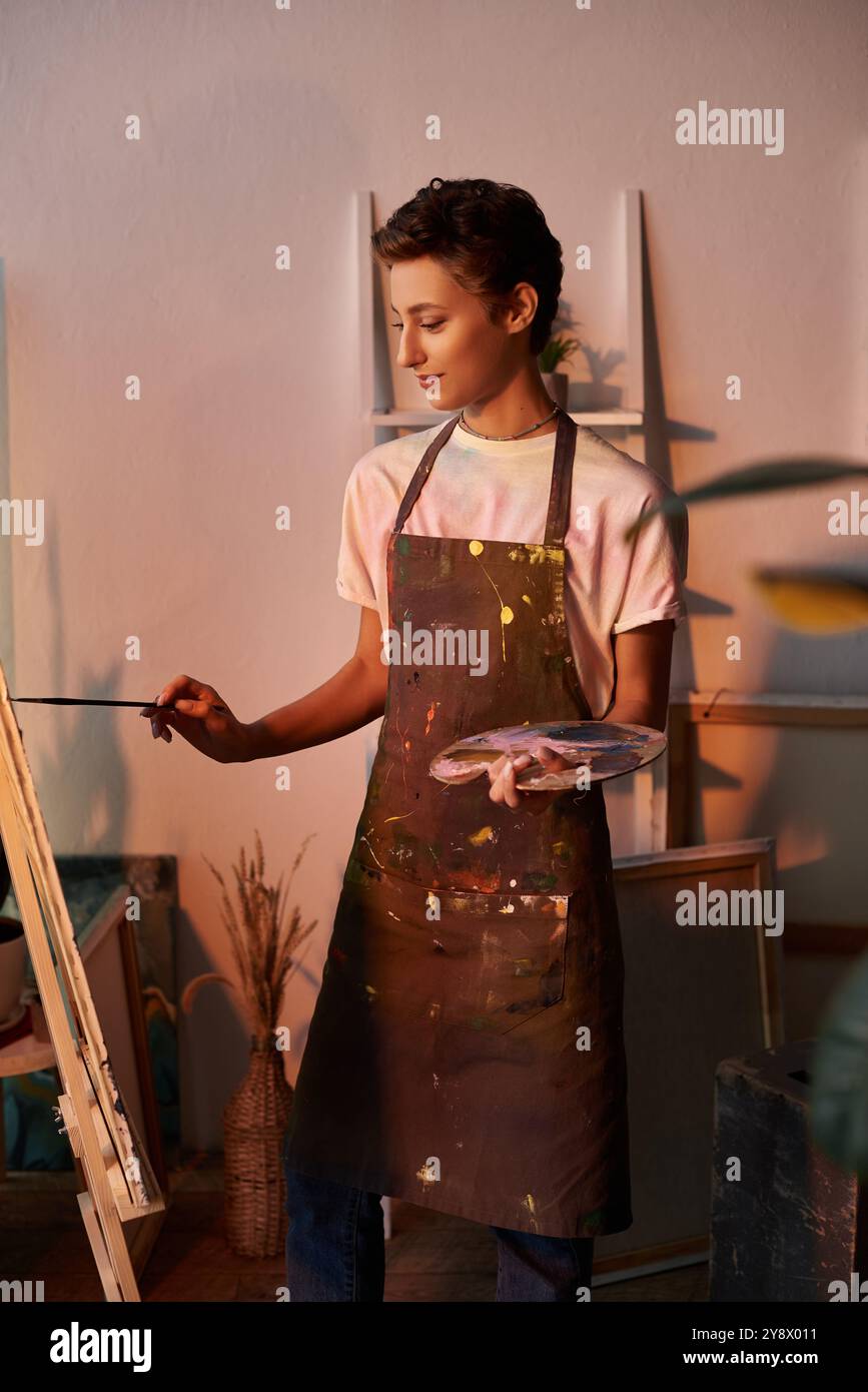 In un ambiente accogliente, una giovane donna esprime la sua creatività dipingendo con attenzione e facilità. Foto Stock