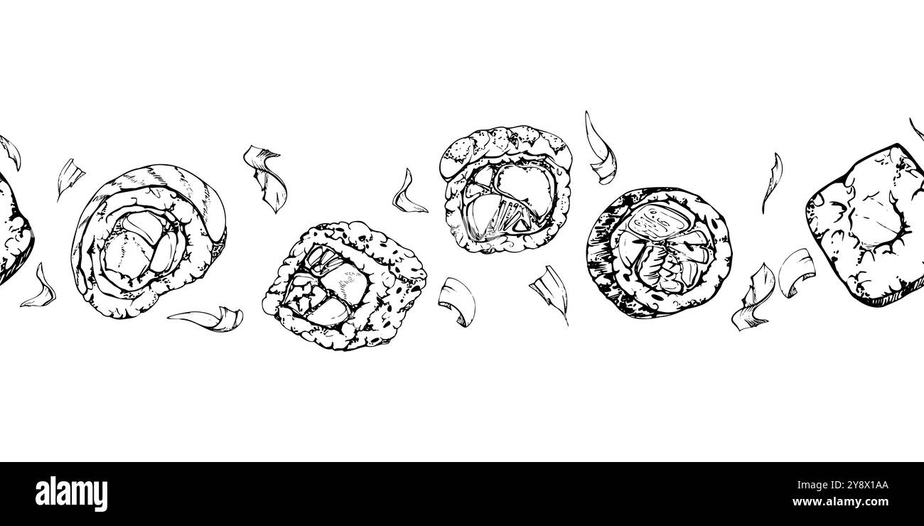 Cucina tradizionale giapponese, sushi roll con pesce crudo salmone unagi gamberi di tonno, california philadelphia alaska, disegnati a mano in penna vettoriale e inchiostro Illustrazione Vettoriale