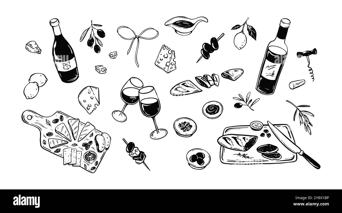 Set di illustrazioni vettoriali di cibo e vino per picnic estivi. Pizza, piatto di formaggi, baguette, bicchiere alcolico e bottiglia vintage minimalista sketch. La Dole vita. Illustrazione Vettoriale