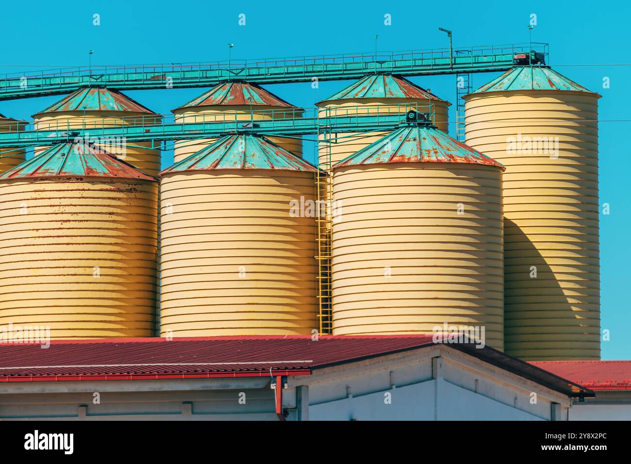 Vecchio edificio di silos di grano agricolo usurato, attenzione selettiva Foto Stock