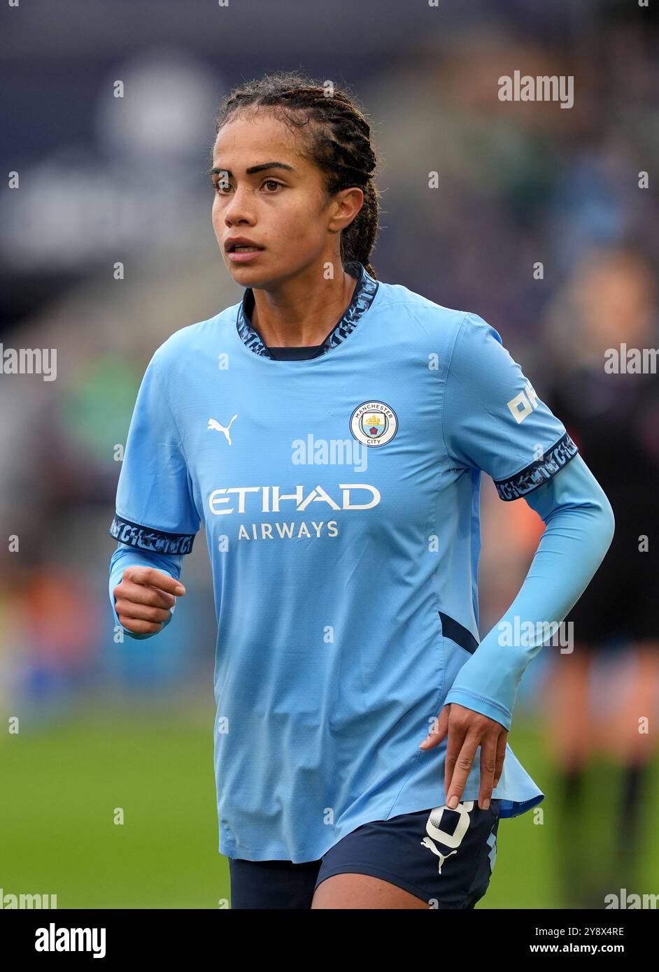 Mary Fowler del Manchester City durante la partita di Super League femminile al Joie Stadium di Manchester. Data foto: Domenica 6 ottobre 2024. Foto Stock