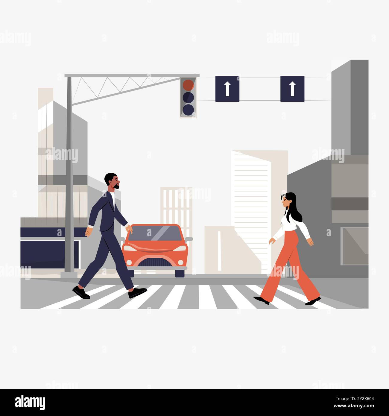 Pedoni che attraversano la strada in un'illustrazione vettoriale piatta che simboleggia la mobilità urbana, le norme del traffico e la sicurezza dei pedoni, isolati su bianco Illustrazione Vettoriale