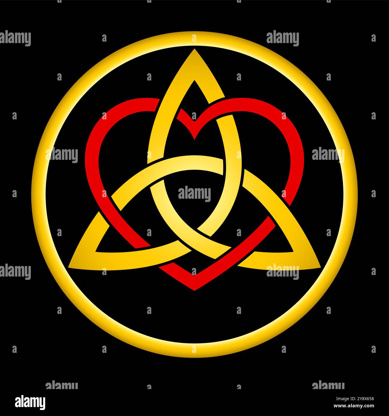 Triquetra dorata intrecciata con il simbolo del cuore rosso, all'interno di una cornice circolare color oro sul nero. Un nodo celtico e una figura triangolare. Foto Stock