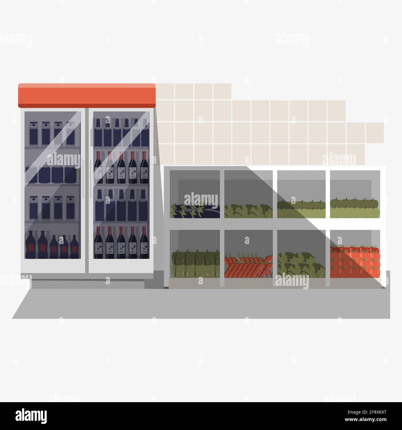 Scaffali dei minimarket con bevande e prodotti confezionati in un'illustrazione vettoriale piatta che simboleggia la vendita al dettaglio, lo shopping e i prodotti di consumo, isolati Illustrazione Vettoriale